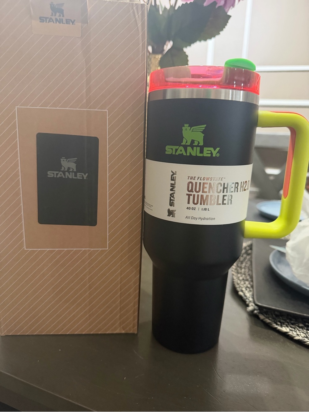 Stanley Black Tumbler with Neon Green Handle and Pink Lid
